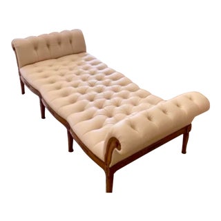 Hollywood Regency Carved Italian Walnut Tufted Leather Chaise Sofa For Sale