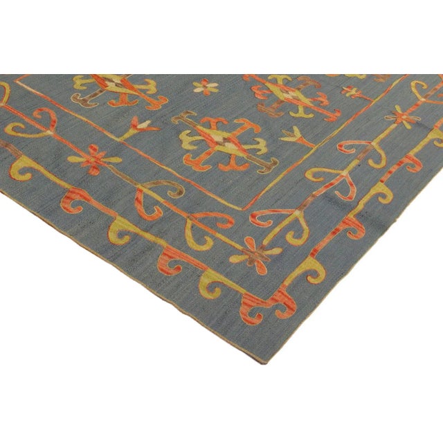 Contemporary 1990s Shabby Chic Embroidered Ikat Kilim Blue Wool Rug- 5′11″ × 8′ For Sale - Image 3 of 8