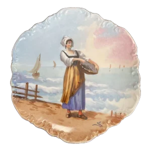 Antique Limoges Hand Painted Dutch Peasant at the Seashore Portrait Wall Plate