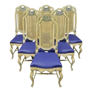 Mid 20th Century Vintage French Hollywood Regency Cane Pretzel Back Cream Dining Chair - Set of 6