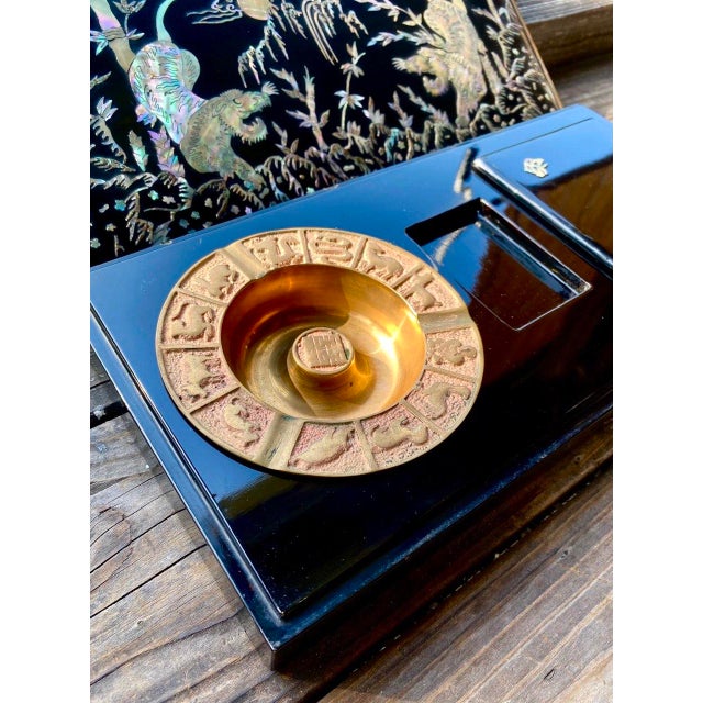 Tiger Smoking Box & Ashtray Set Circa 1950 Korean Black Lacquer Mother-of-Pearl For Sale - Image 9 of 18