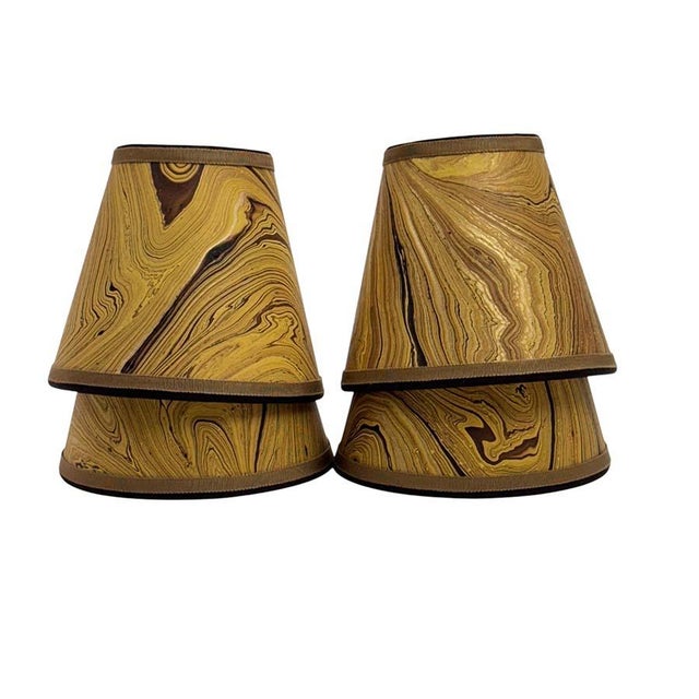 Contemporary Ochre and Espresso Marbled Paper Chandelier Shade - 4”x6”x6” For Sale - Image 3 of 5