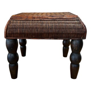 Vintage Bamboo and Woven Rattan British Colonial Style Footstool For Sale
