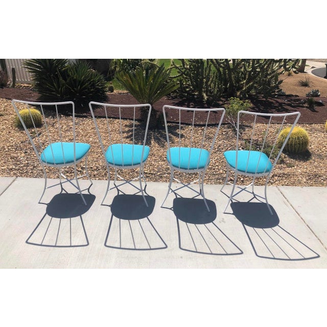 Vintage MidCentury Modern Wrought Iron Blue & White Patio Table & 4