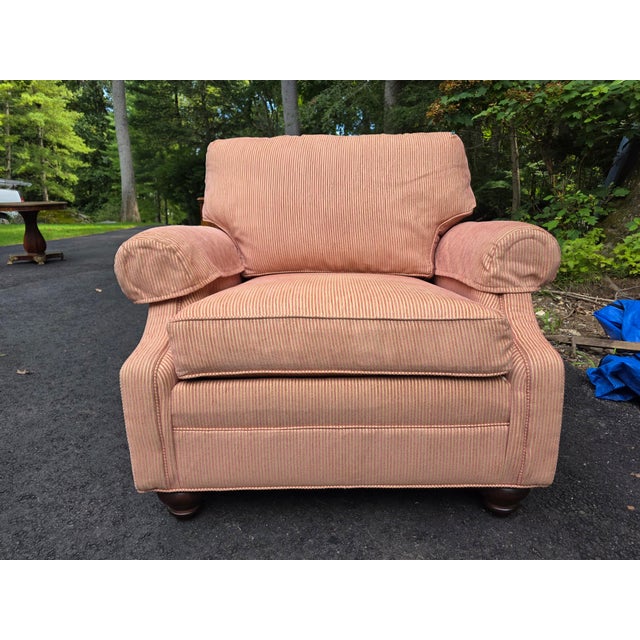 Extremely comfortable transitional style fully upholstered arm chair with matching ottoman by Ethan Allen Co. Contemporary...