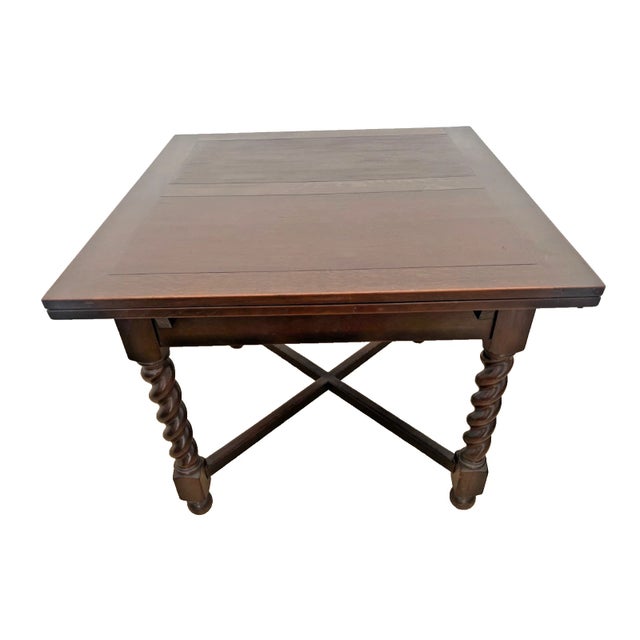 Arts & Crafts Antique Expanding Pub Kitchen Table Barley Twist Legs Quarter Sawed Dark Oak For Sale - Image 3 of 12
