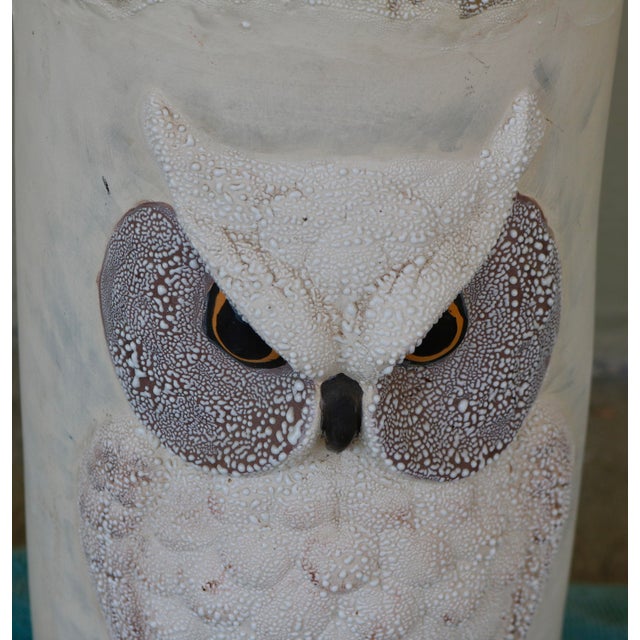 White Mid-Century Vintage Textured Ceramic Snowy Owl & Winter Landscape Umbrella Stand For Sale - Image 8 of 12