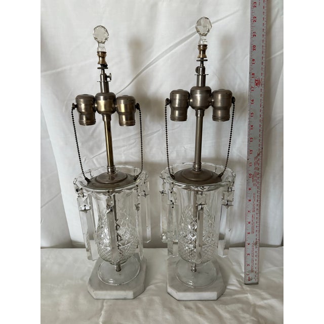 Transparent Pair of Antique Crystal Table Lamps With Prisms and Marble Base For Sale - Image 8 of 8