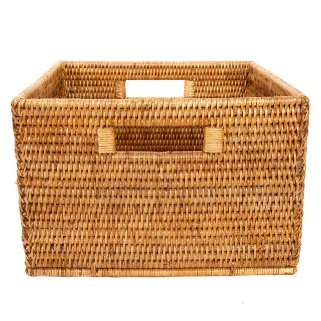 Boho Chic Artifacts Rattan Square Storage Basket with Handles in Honey Brown - 12" For Sale - Image 3 of 8