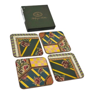 Mackenzie Childs Pimpernel Hop Scotch Rose Coaster Set of 4 For Sale