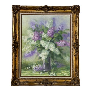 1970’s J. Magnani “Lilac Bouquet” Floral Still Life Oil Painting - Frame For Sale