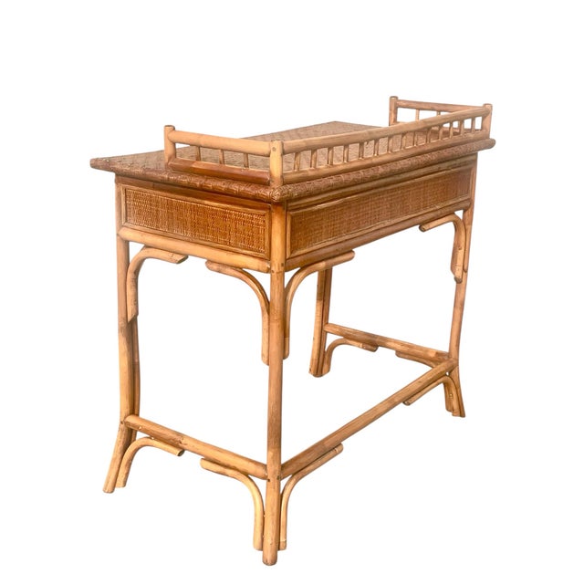 Wood 1950s MCM Natural Rattan Bamboo Writing Desk Table & Chair Set For Sale - Image 7 of 7