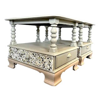 Set of Two Coastal Accent or End Tables or Nightstands in Seafoam With Mosaic Pebble Accents For Sale