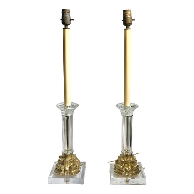 Vintage Fluted Glass Corinthian Column Lamps With Lucite Bases - a Pair For Sale