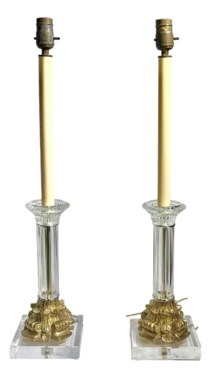 Vintage Fluted Glass Corinthian Column Lamps With Lucite Bases - a Pair