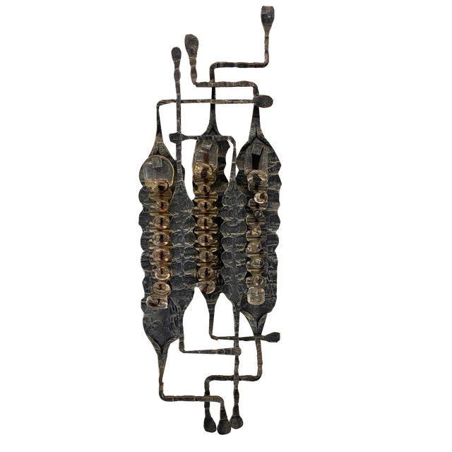 Brutalist Aplique in Wrought Iron and Glass, 1960s For Sale