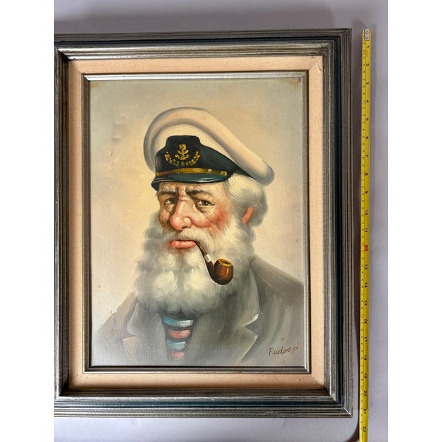 Vintage Mid-Century Oil Painting of a Sea Captain With Pipe, Signed Rudder, C. 1965 For Sale - Image 4 of 5