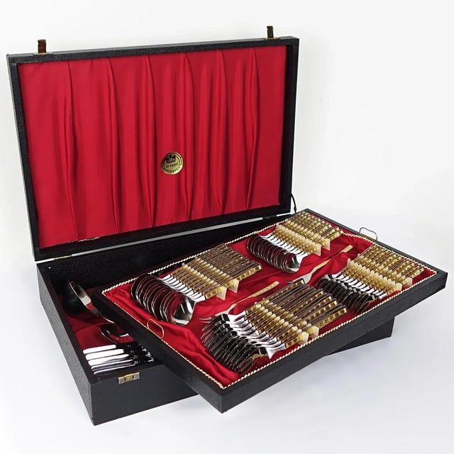 1970s Vintage 24 Carat Gilded Stainless Steel Cutlery Set, Set of 70 For Sale - Image 5 of 14