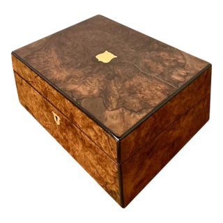 Vintage Brass Inlay Burl Wood Traveling Writing Desk Box For Sale