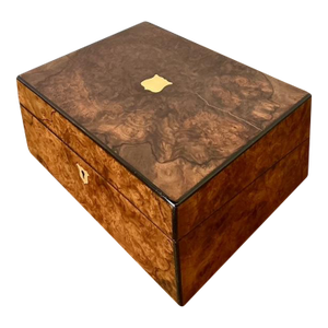 Vintage Brass Inlay Burl Wood Traveling Writing Desk Box