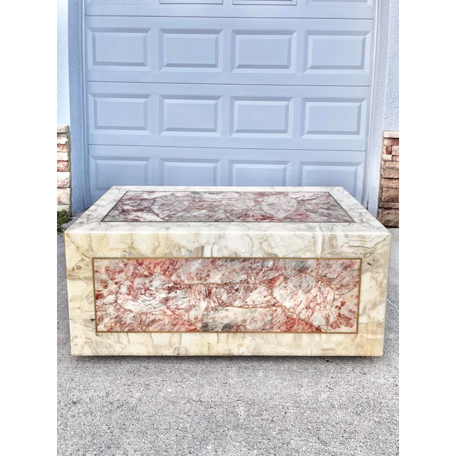 Mexican Vintage Modern Stone Coffee Table With Pink Onyx Inset on Casters | Signed by Mueller’s of Mexico With Arturo Pani in Late 20th Century For Sale - Image 3 of 12