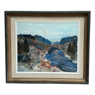 Kaj, Landscape with River and Forest, 1950s, Oil on Canvas, Framed For Sale