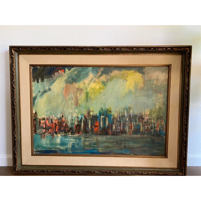 San Francisco Skyline, Mid-Century, oil on canvas painting by Pascal Cucaro. Signed in the bottom left corner. Inside...