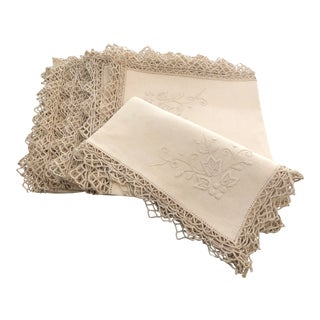 Vintage Italian Linen Napkins Hand-Embroidered Reticella - Set of 12 For Sale