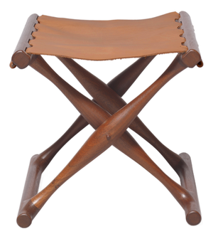 uldhøj Folding Stool in Cognac Leather and Brown Wood by Poul Hundevad for Hundevad & Co, 1950s