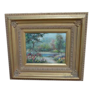 1990s Vintage Painting Landscape & Floral Solid Wood Gold Frame, Signed By Hanson