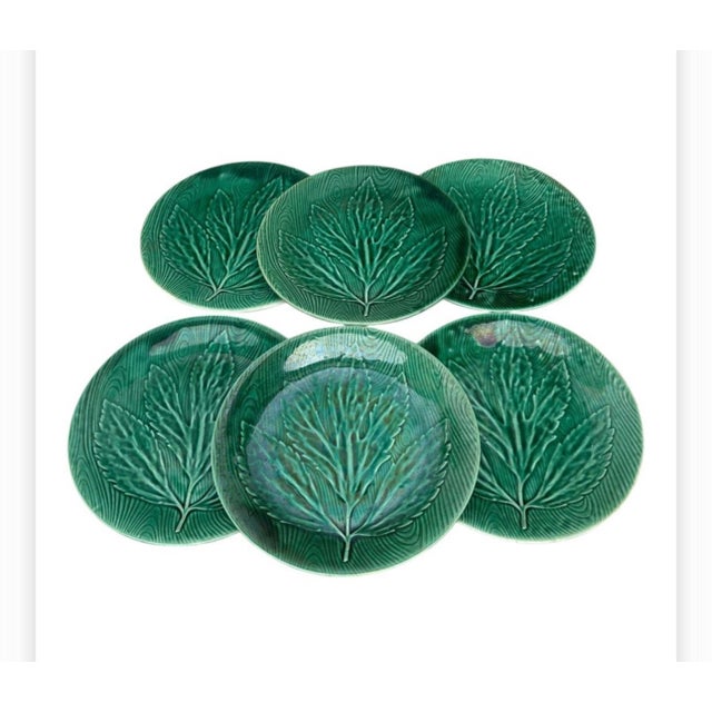 Gien 1950s Gien Green Majolica Leaf Plates - Set of 6 For Sale - Image 4 of 5