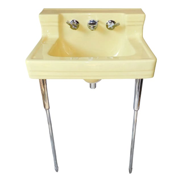 1957 Vintage "Standard" Companion Manchu Yellow Porcelain Sink With Chrome Legs ~Nice~ For Sale