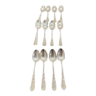 Antique Stieff Rose Sterling Silver 5.875" Flat Handle Teaspoons Set 12 Monogram For Sale