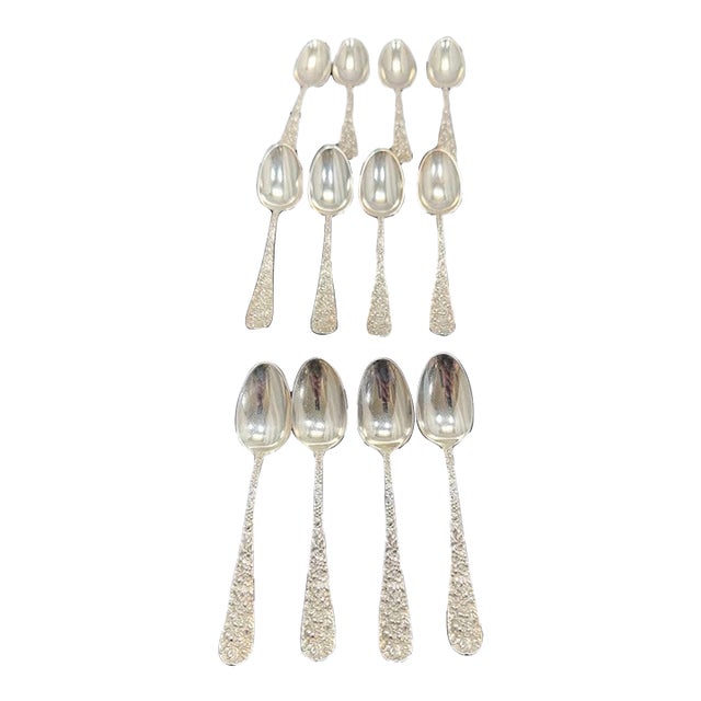Antique Stieff Rose Sterling Silver 5.875" Flat Handle Teaspoons Set 12 Monogram For Sale