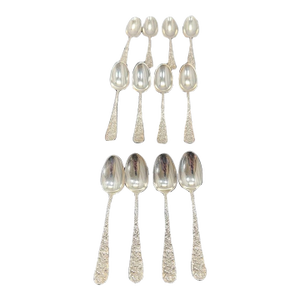 Antique Stieff Rose Sterling Silver 5.875" Flat Handle Teaspoons Set 12 Monogram