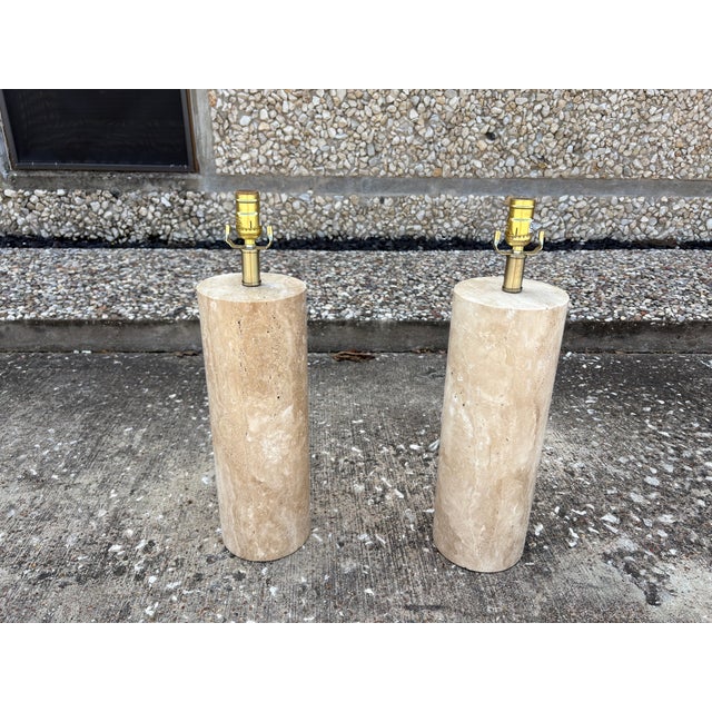Tan 1970s Italian Modern Travertine Cylinder Lamps - a Pair For Sale - Image 8 of 9