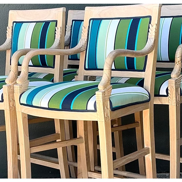Late 20th Century Vintage Carved Dolphin and Fabric Bar Stools - Set of 4 For Sale - Image 5 of 12