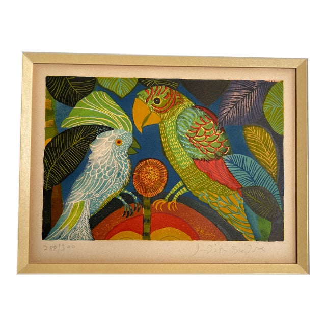 1970’s Original Folk Art “Parrot & Cockatiel” Lithograph For Sale
