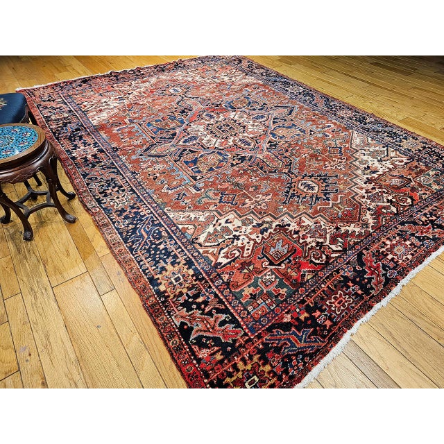 Antique Heriz Karajeh Rug, Hand-Knotted Wool, Geometric Design, Brick & Navy, 9x12 For Sale - Image 9 of 10