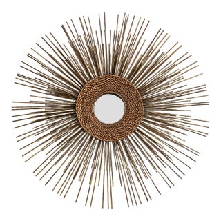 Vintage Mid-Century Modern Brass Sunburst Mirror With Woven Caning | Brutalist Starburst For Sale