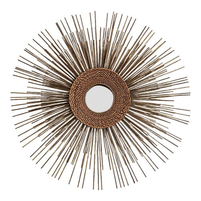 Vintage Mid-Century Modern Brass Sunburst Mirror With Woven Caning | Brutalist Starburst For Sale