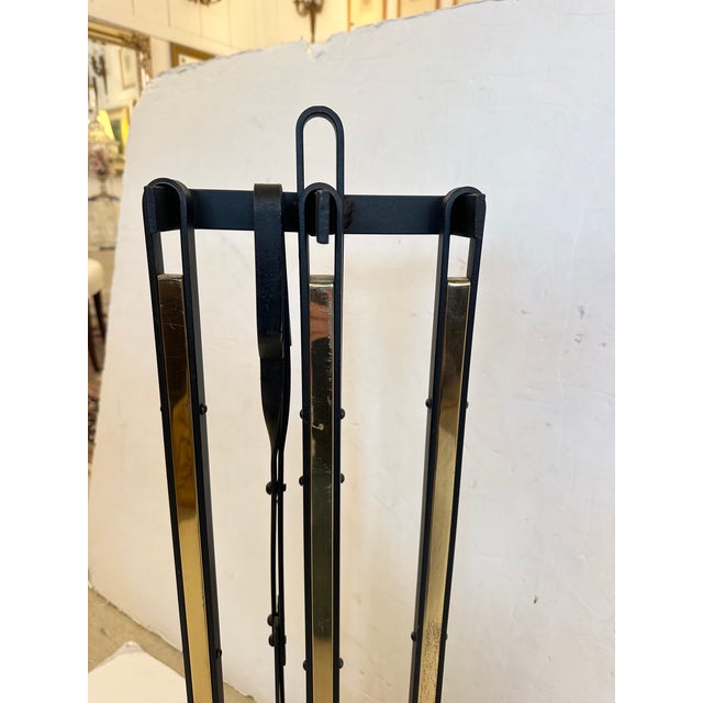 Mid-Century Modern Midcentury Modern Iron and Brass Fireplace Tool Set -Set of 4 For Sale - Image 3 of 12