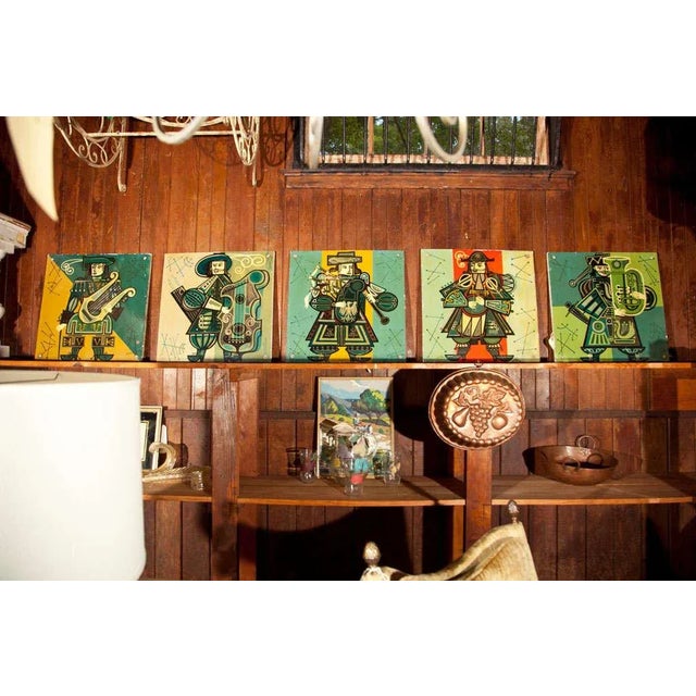 Stunning, stylized paintings of musicians on glazed plaster panels. Painted in shades of green, yellow, and orange. Each...