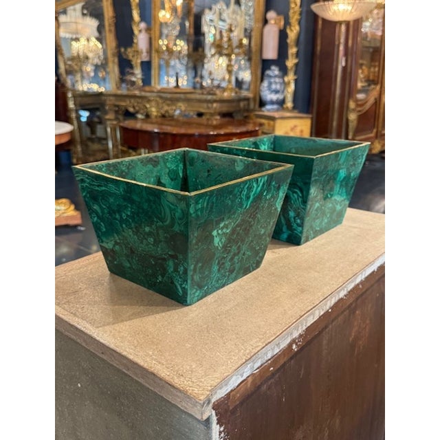 Pair French Malachite Planters With Brass Trim For Sale - Image 4 of 5