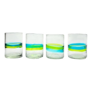 4 Mexican Handblown Aqua Blue Lime Green Banded Tumbler Drinking Glasses For Sale