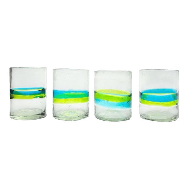 4 Mexican Handblown Aqua Blue Lime Green Banded Tumbler Drinking Glasses For Sale
