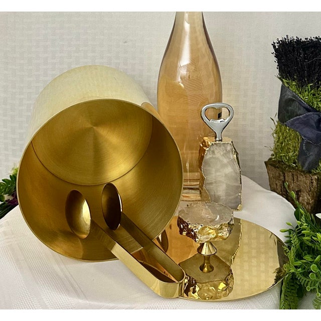 Abstract Late 20th Century Anna New York Gold Ice Bucket Set With Crystal Knob, Bottle Opener & Tongs For Sale - Image 3 of 8