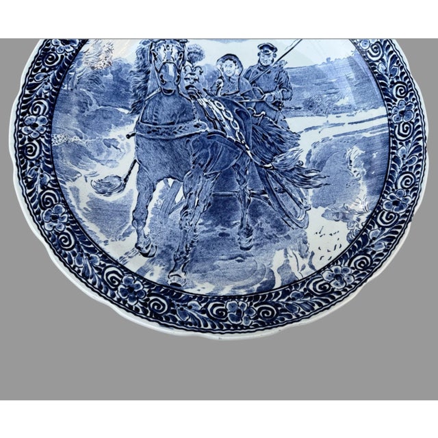 Blue Vintage Boch Belgium Blue & White Decorated Scenic 15.5” Charger Horse Carriage For Sale - Image 8 of 9