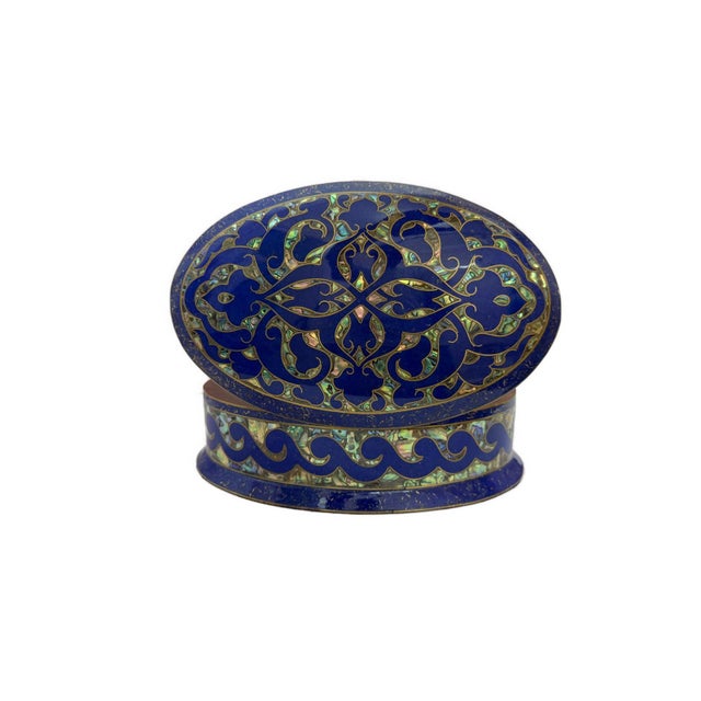 Traditional Handmade Lapis & Mother of Pearl Jewelry Box - Oval Trinket Box From Egypt For Sale - Image 3 of 7