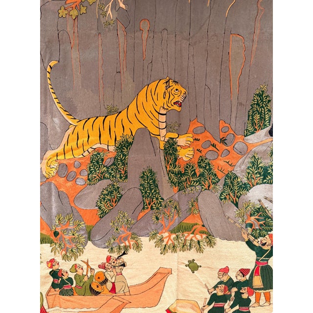 1980s Vintage Hand Embroidered Mughal Tiger Hunt Tapestry, 1980s For Sale - Image 5 of 6